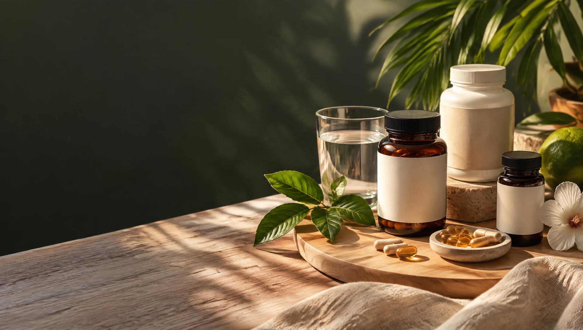 Premium wellness supplements in warm tropical light